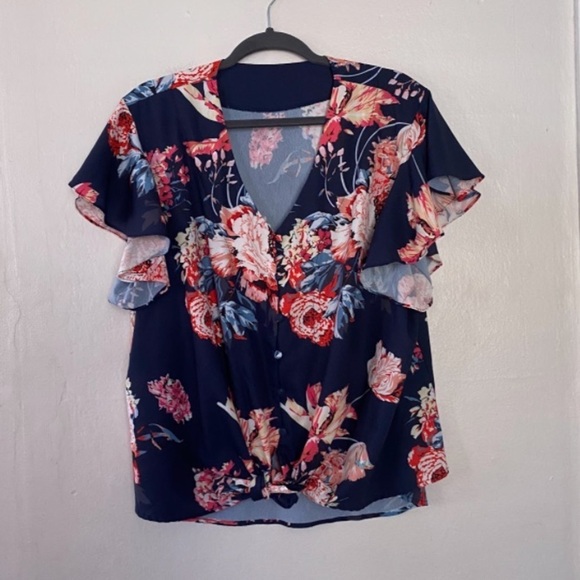 Blue Amaryllis Tie Front Blouse Women’s Plus Size 2X Flutter Cap Sleeves Button - Picture 7 of 8